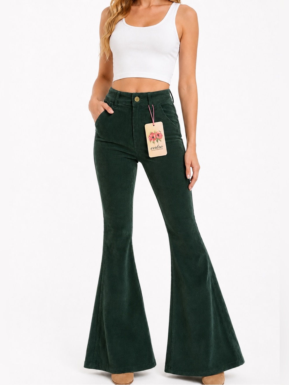 entro NWT Entro Forest Green Corduroy Bell Bottom Flare Pants Boutique